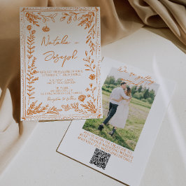 Invitación Colorful Orange Drawn Floral Photo QR Code Wedding