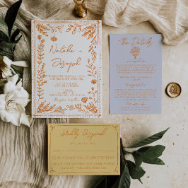 Invitación Colorful Orange Hand Drawn Floral Garden Wedding