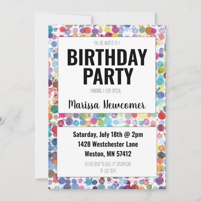 Invitación Colorful Paint Dots Invitan a fiesta de cumpleaños (Anverso)