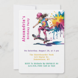 Invitación Colorful Painted Girl Skateboarder Birthday Party