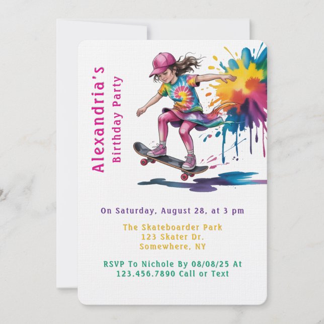 Invitación Colorful Painted Girl Skateboarder Birthday Party (Anverso)