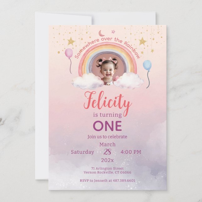Invitación Colorful Pastel Rainbow Girl Birthday Photo (Anverso)