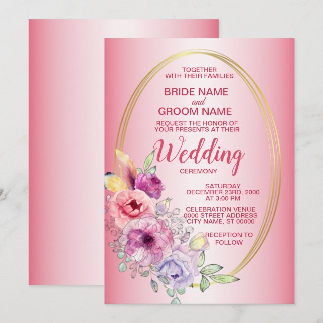 Invitación Colorful Pink Floral Gold Geometric Wedding (Anverso / Reverso)