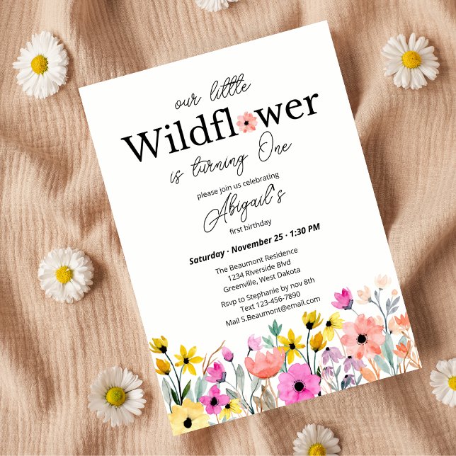 Invitación Colorful Pink Our Little Wildflower 1st Birthday (Subido por el creador)