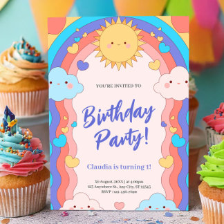 Invitación Colorful Rainbow & Clouds Kids 1st Birthday Party