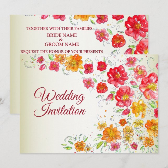 Invitación Colorful Red Yellow Pink Garden Floral Wedding (Anverso / Reverso)