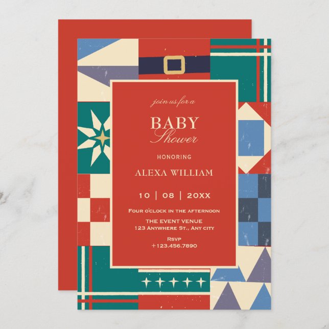 Invitación Colorful retro geometric baby shower (Anverso / Reverso)