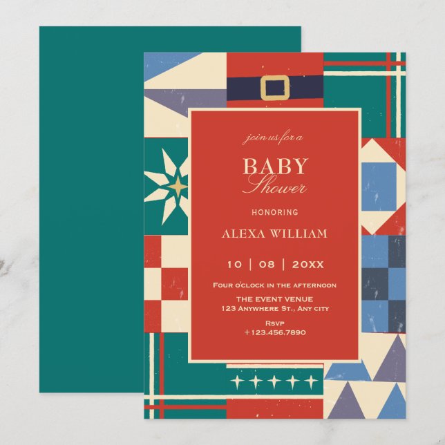 Invitación Colorful retro geometric baby shower (Anverso / Reverso)