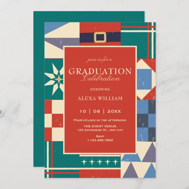 Invitación Colorful retro geometric graduation (Anverso / Reverso)