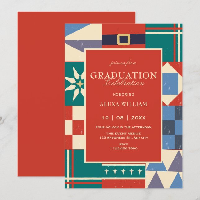 Invitación Colorful retro geometric graduation (Anverso / Reverso)