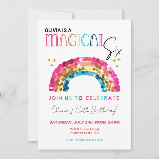 Invitación Colorful Sequin Rainbow 6th magical birthday (Anverso)
