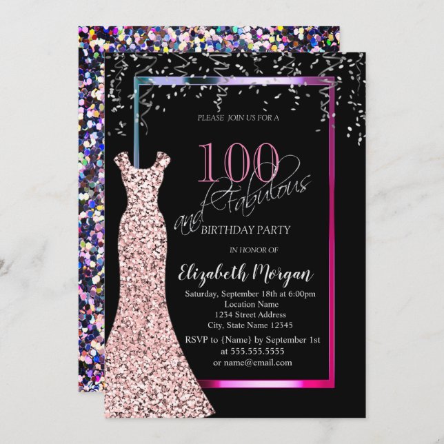 Invitación Colorful Sequins Rose Gold Dress 100th Birthday (Anverso / Reverso)
