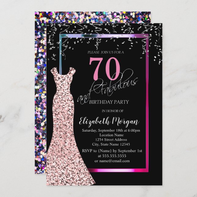 Invitación Colorful Sequins Rose Gold Dress 70th Birthday (Anverso / Reverso)