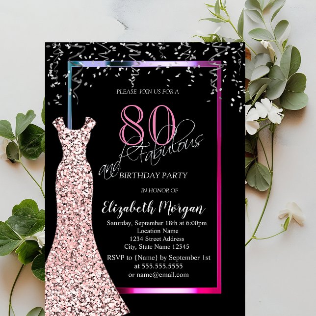 Invitación Colorful Sequins Rose Gold Dress 80th Birthday (Subido por el creador)