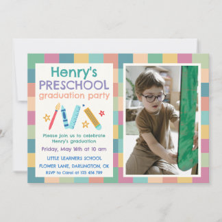 Invitación Colorful Squares Photo Preschool Graduation