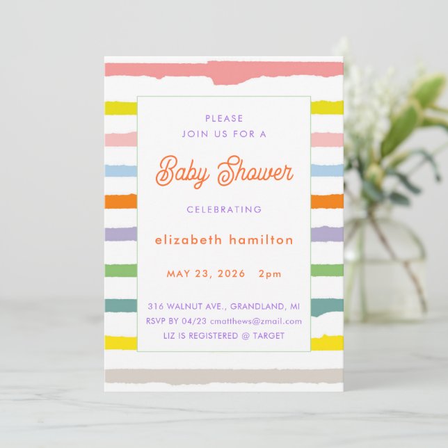 Invitación Colorful Stripes Baby Shower Invitation (Anverso de pie)