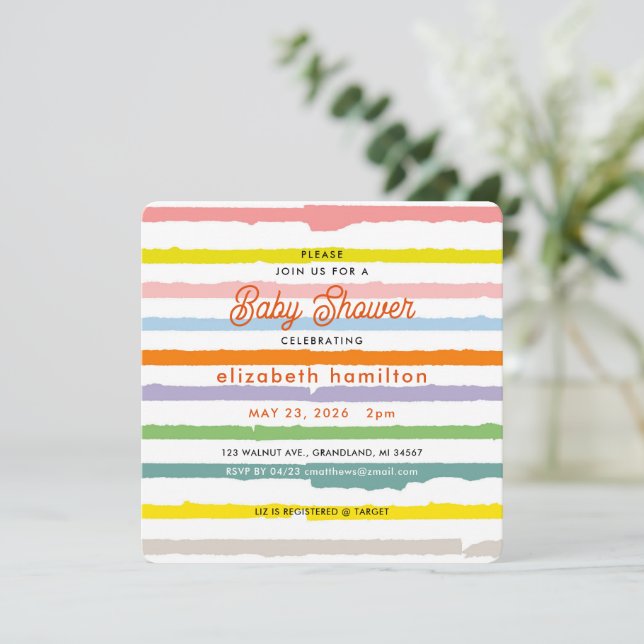Invitación Colorful Stripes Baby Shower Invitation (Anverso de pie)