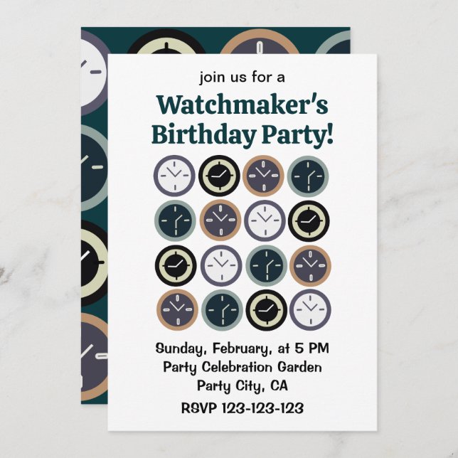 Invitación Colorful Time Clock Pattern Watchmaker Birthday (Anverso / Reverso)