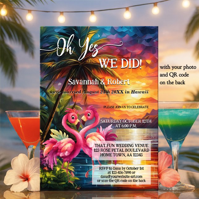 Invitación Colorful Tropical Flamingo Wedding Reception Photo (Elopement wedding reception invitation featuring a fun tropical sunset scene with two flamingos)