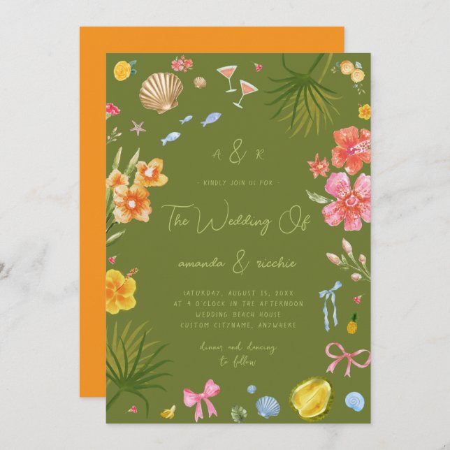Invitación Colorful Tropical Island Whimsical Beach Wedding (Anverso / Reverso)