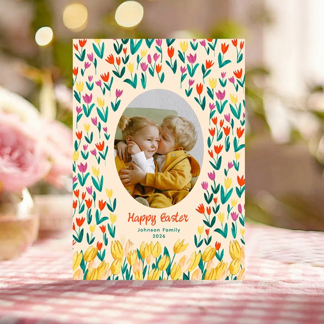 Invitación Colorful Tulip Happy Easter Family Photo Greeting (Colorful Tulip Happy Easter Family Photo Greeting Invitation)