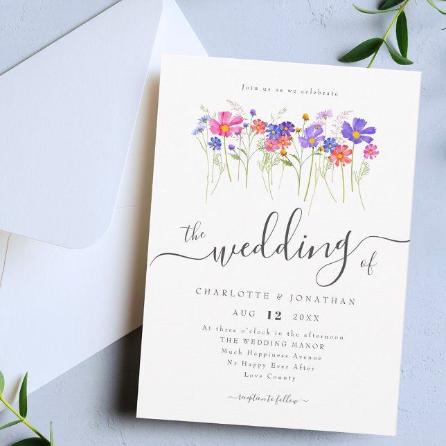 Invitación Colorful Vibrant Bold Wildflowers Wedding (Colorful Vibrant bold watercolor wildflower blue purple pink orange yellow wedding invitation )