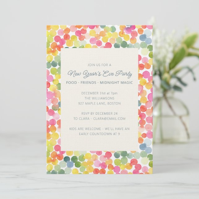 Invitación Colorful Watercolor Confetti Dots New Years Party (Anverso de pie)