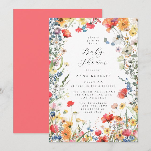 Invitación Colorful Watercolor Floral Baby Shower (Anverso / Reverso)