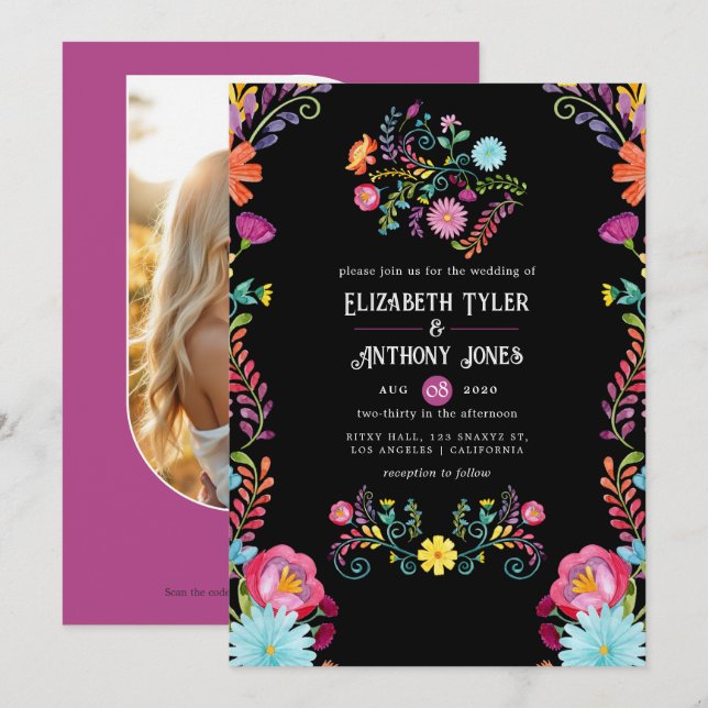 Invitación Colorful Watercolor Floral Mexican Fiesta Wedding (Anverso / Reverso)