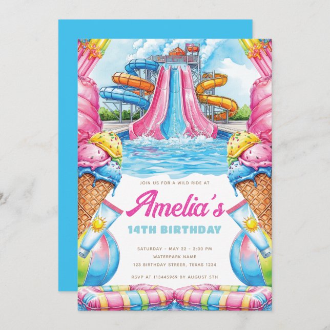 Invitación Colorful Waterpark Birthday (Anverso / Reverso)