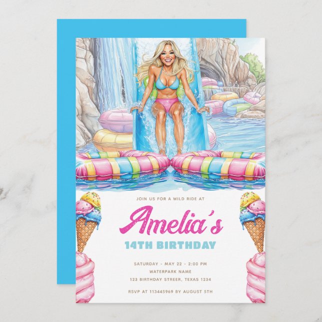 Invitación Colorful Waterpark Girl Teen Birthday (Anverso / Reverso)