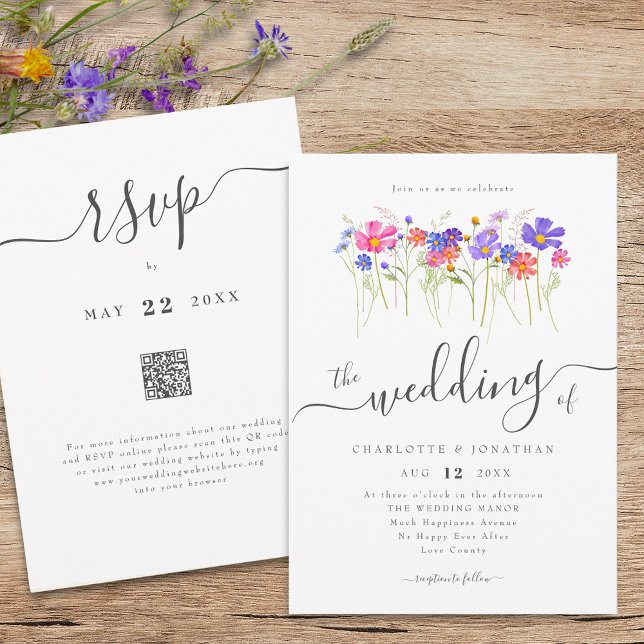 Invitación Colorful Wildflower Boho Wedding QR code (Colorful vibrant wildflower boho wedding qr code invitation Elegant whimsical script meadow flowers)