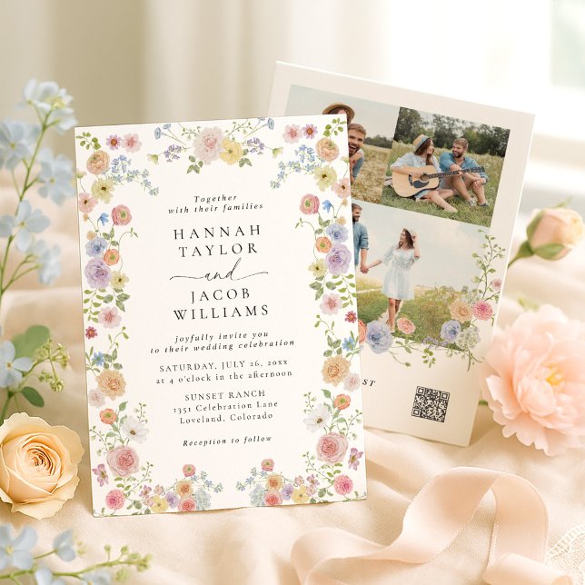 Invitación Colorful Wildflower Floral Photo QR Code Wedding (Subido por el creador)