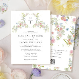 Invitación Colorful Wildflower QR Code Monogram Wedding