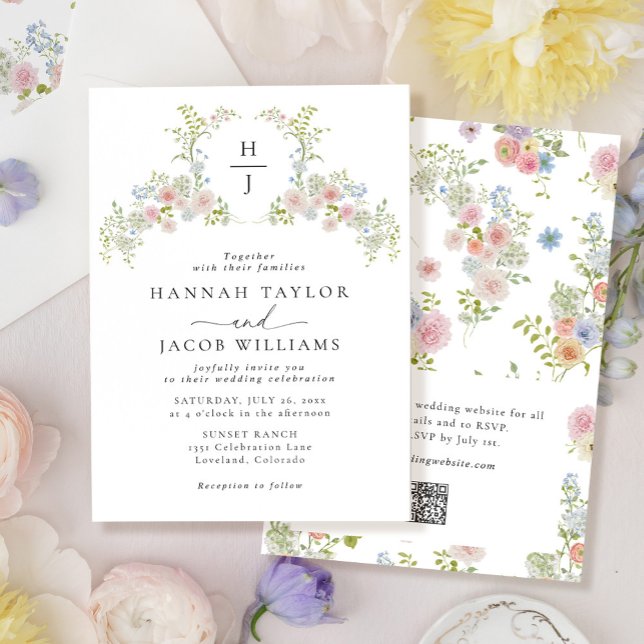 Invitación Colorful Wildflower QR Code Monogram Wedding (Subido por el creador)
