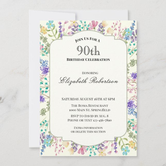Invitación Colorful Wildflowers 90th Birthday Party (Anverso)