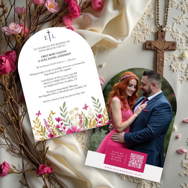 Invitación Colorful Wildflowers & Butterflies Faith Wedding (Romantic Colorful Wildflowers and Butterflies Christian Wedding Invitation Cards with Initials.)
