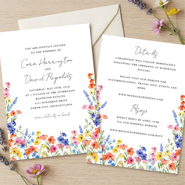 Invitación Colorful Wildflowers Two Sided Wedding (Subido por el creador)