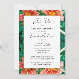 Invitación Colorida Abuela Cumpleaños Floral Lirio Naranja 