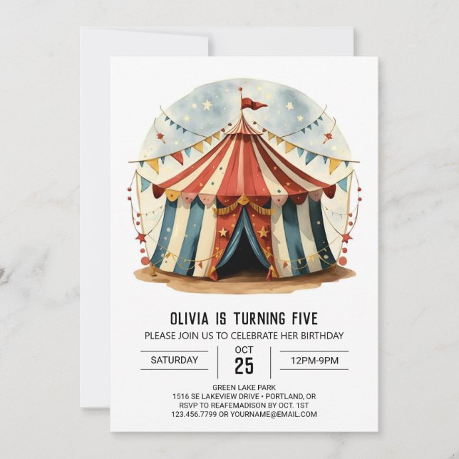 Invitación Colorida acuarela Alegría Circo Cumpleaños (Anverso)