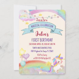 Invitación Colorida acuarela arcoiris unicornio cumpleaños Ch