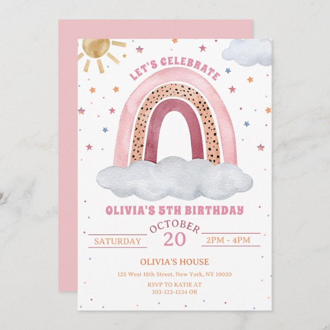 Invitación Colorida acuarela Boho Chica arcoiris Cumpleaños (Anverso / Reverso)