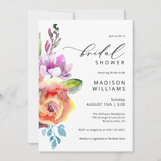 Invitación Colorida acuarela Boho Floral Bridal Shower (Anverso)