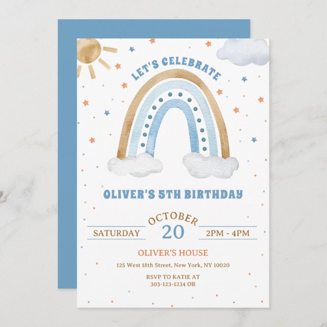 Invitación Colorida acuarela Boho Rainbow Boy Cumpleaños (Anverso / Reverso)