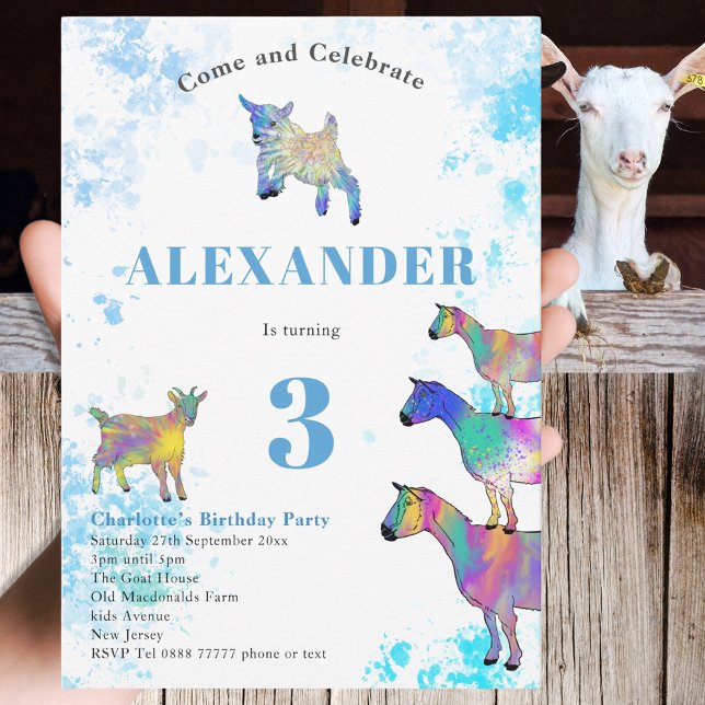 Invitación Colorida acuarela Fiesta de cumpleaños temática de (Goat themed 3rd birthday party invitation with colorful watercolor farm animal illustrations )