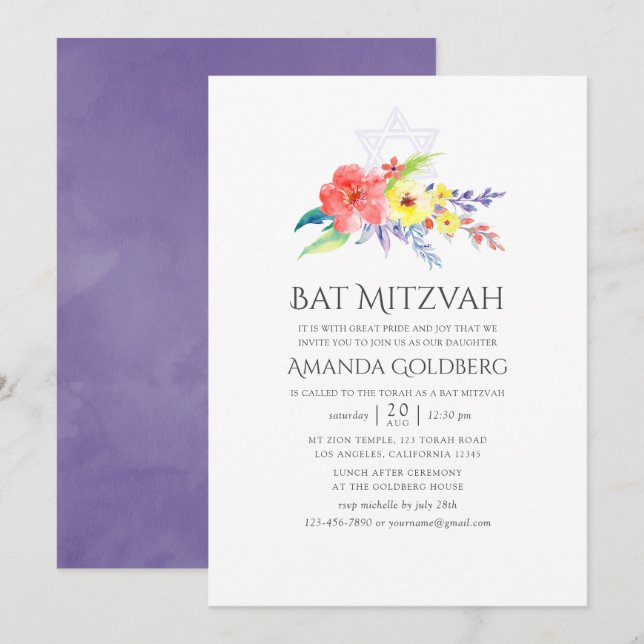 Invitación Colorida acuarela Floral Bat Mitzvah (Anverso / Reverso)
