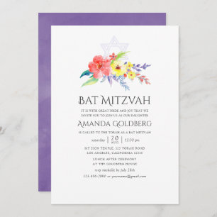 Invitación Colorida acuarela Floral Bat Mitzvah