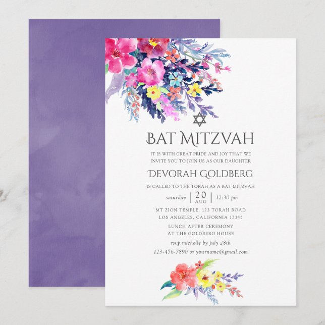 Invitación Colorida acuarela Floral Bat Mitzvah (Anverso / Reverso)