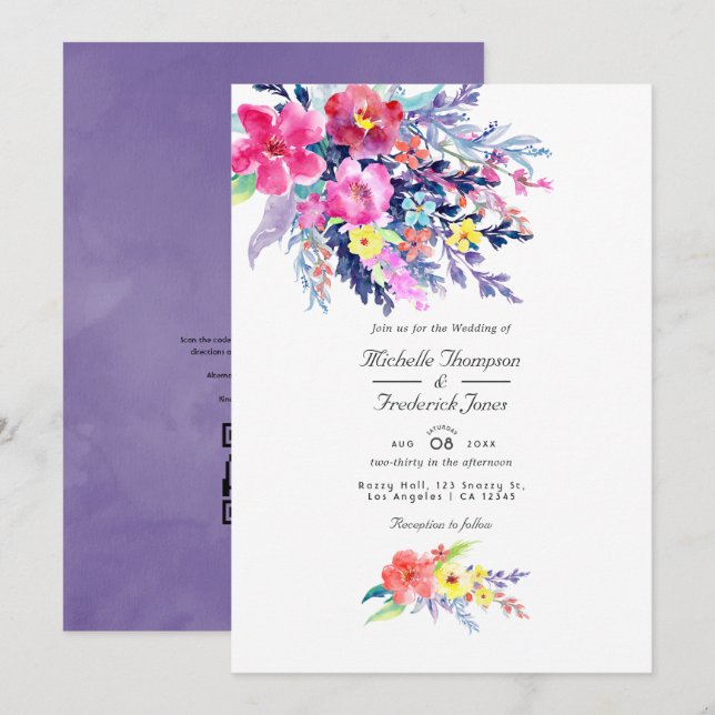 Invitación Colorida acuarela Floral Código QR Boda RSVP (Anverso / Reverso)