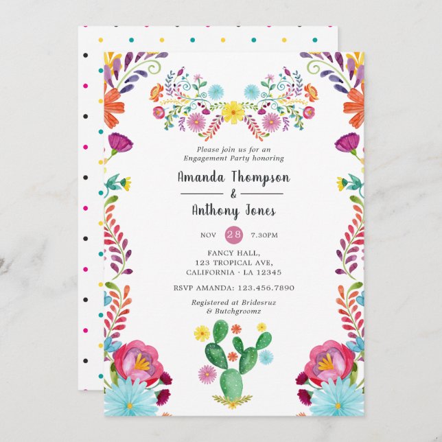 Invitación Colorida acuarela Floral Fiesta Comprometida (Anverso / Reverso)